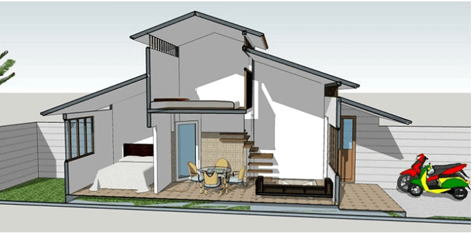 Nhà gác lửng thiết kế 2 phòng ngủ thiết kế mái thái, diện tích nhỏ